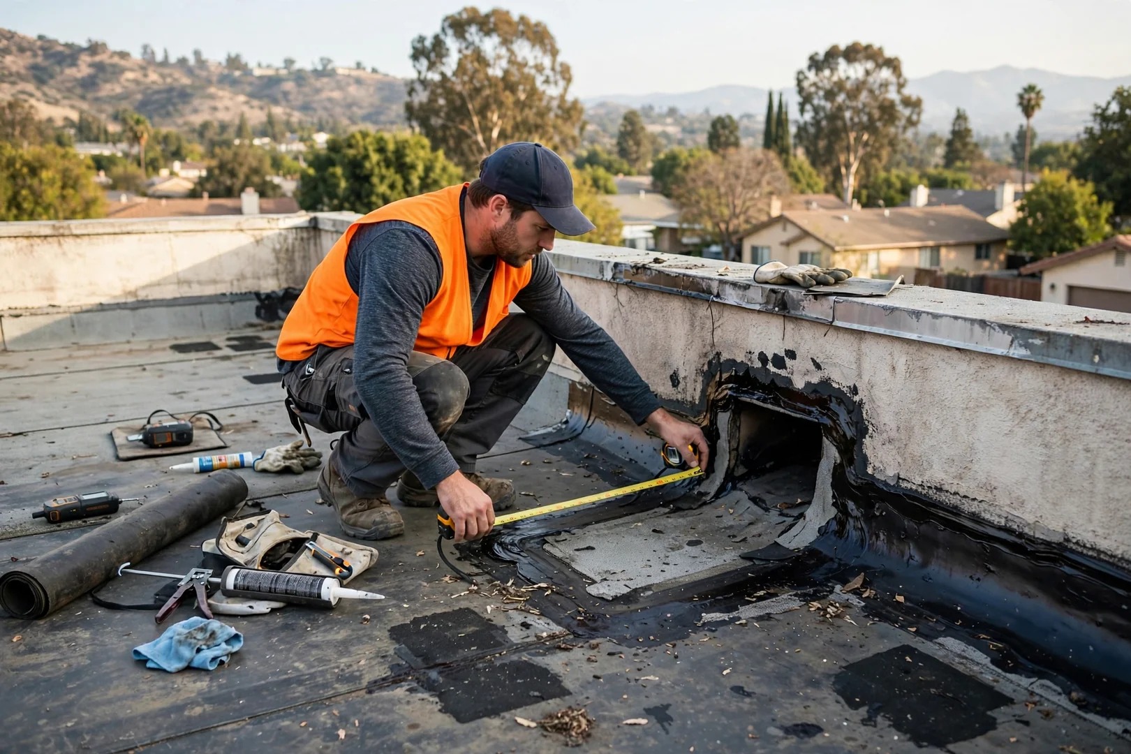 Roofing estimator measuring a flat commercial rooftop while reviewing membrane and drainage details