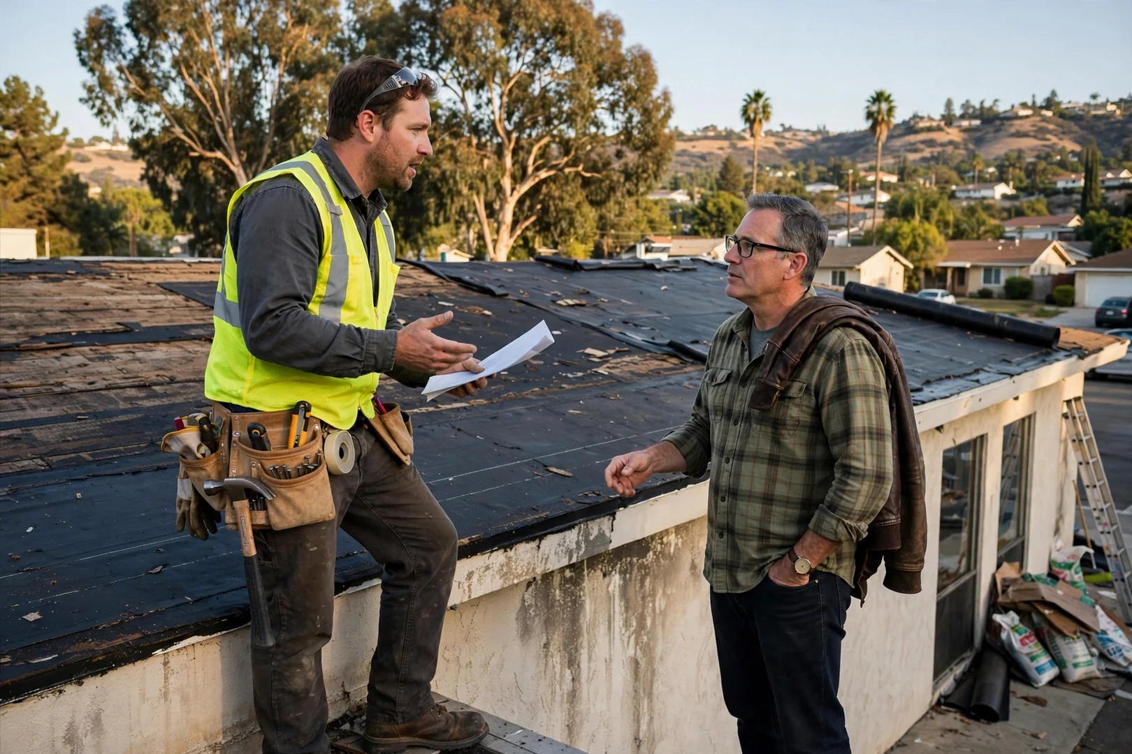 Written commercial roofing estimate reviewed with a Walnut business owner on site