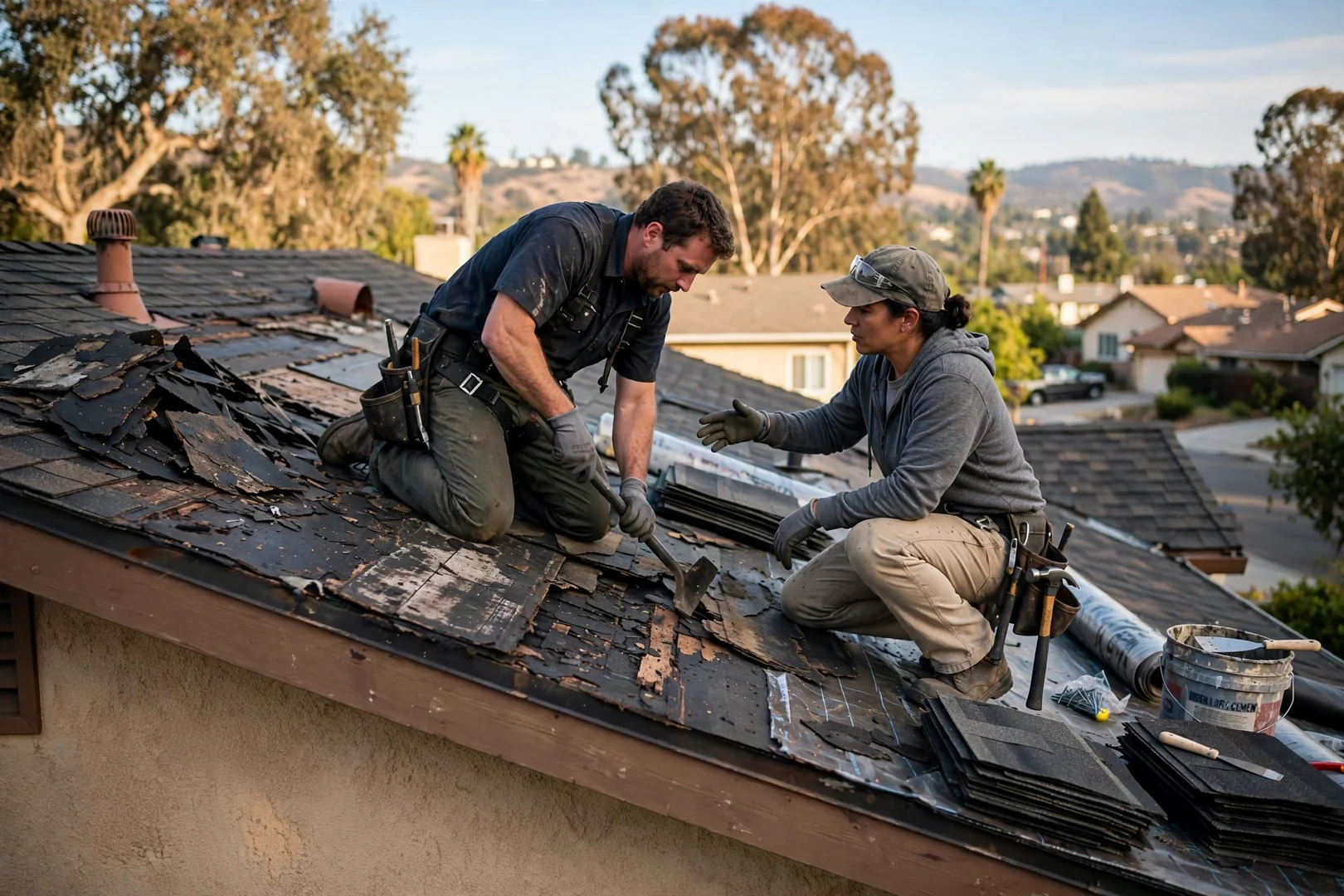 Ponding water and separated seams on a neglected low-slope commercial roof surface