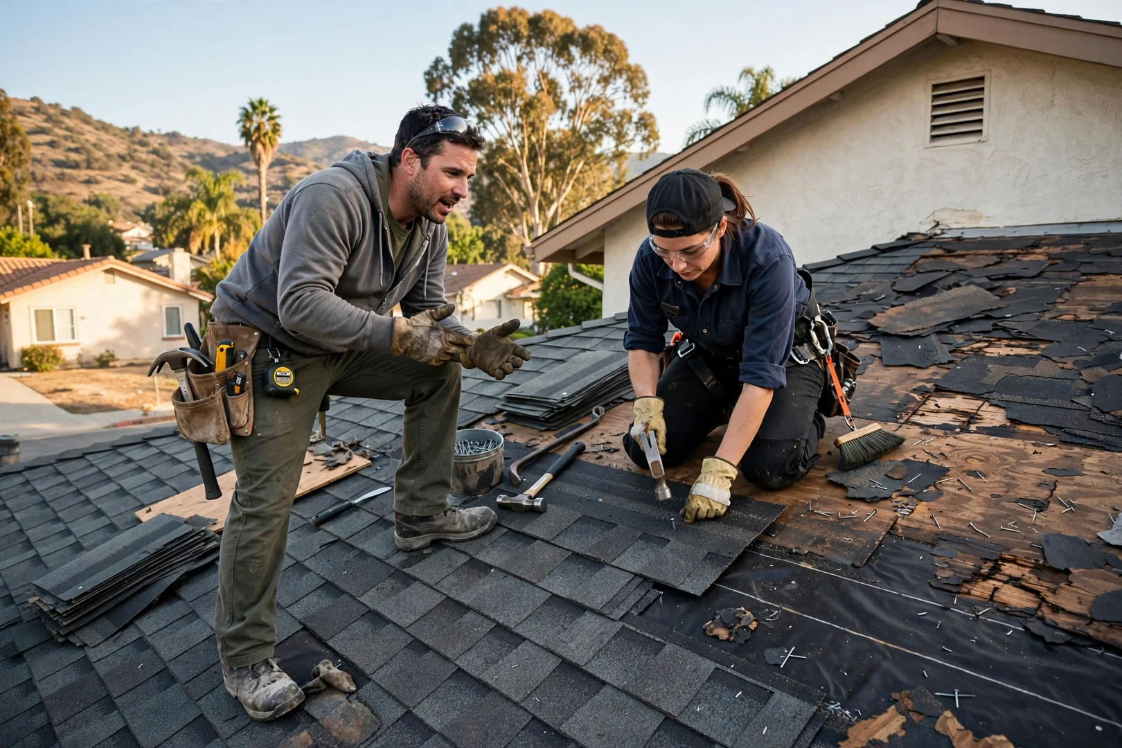 Roofing crew restoring a low-slope commercial membrane roof on a Walnut office building