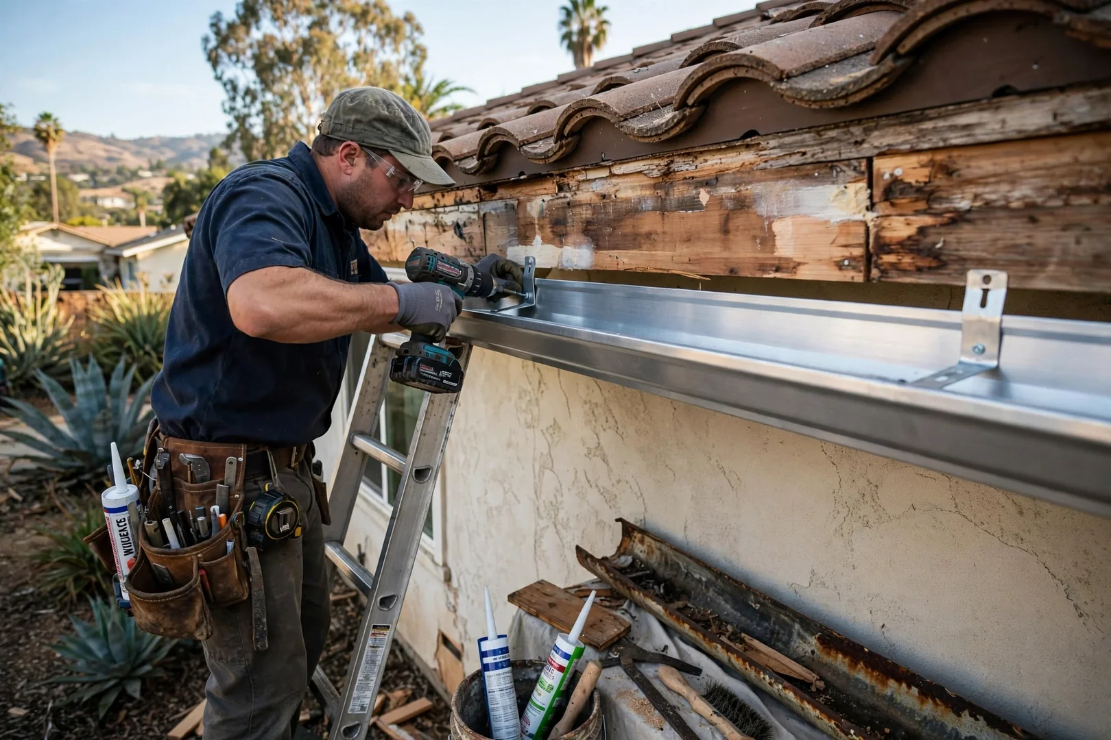 Seamless aluminum gutter section being fitted along fascia board on a Walnut home
