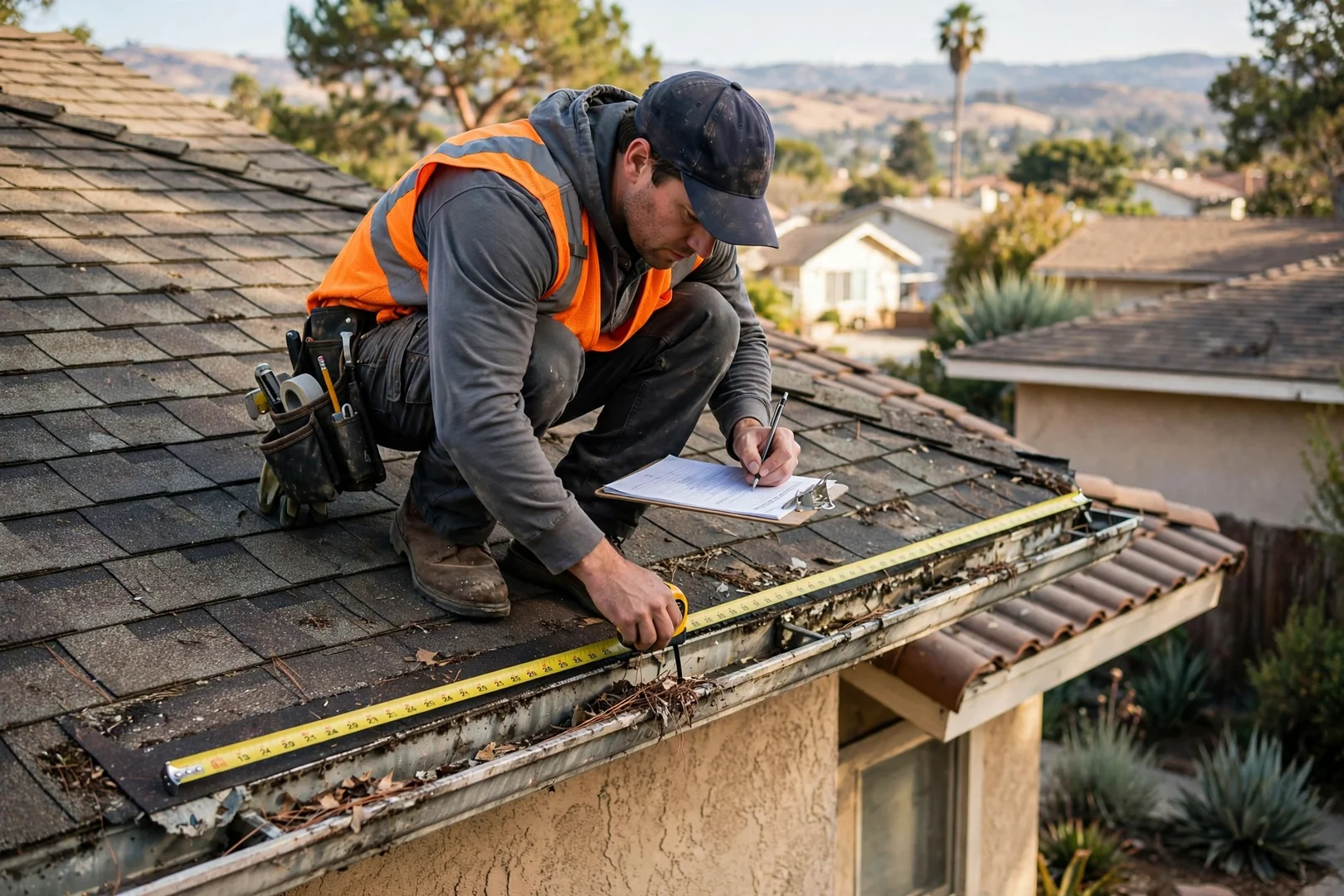 Roofer measuring roofline footage while preparing a written gutter installation estimate