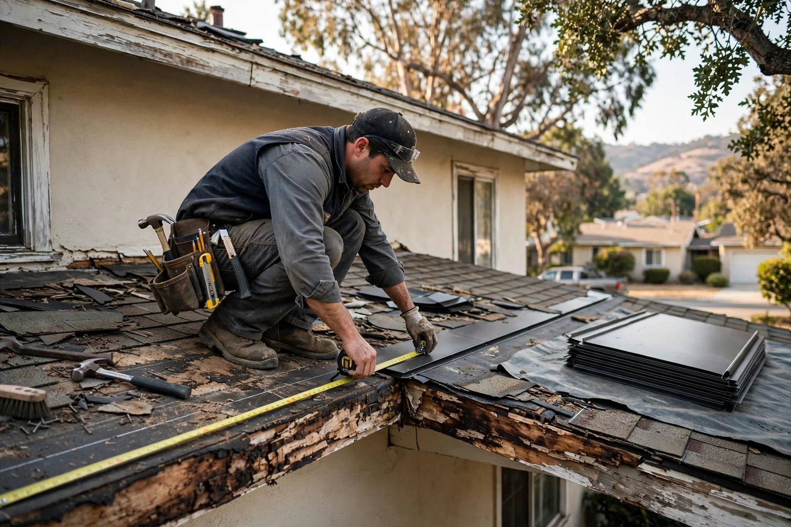Roofer measuring a Walnut home roofline before standing seam metal panel installation
