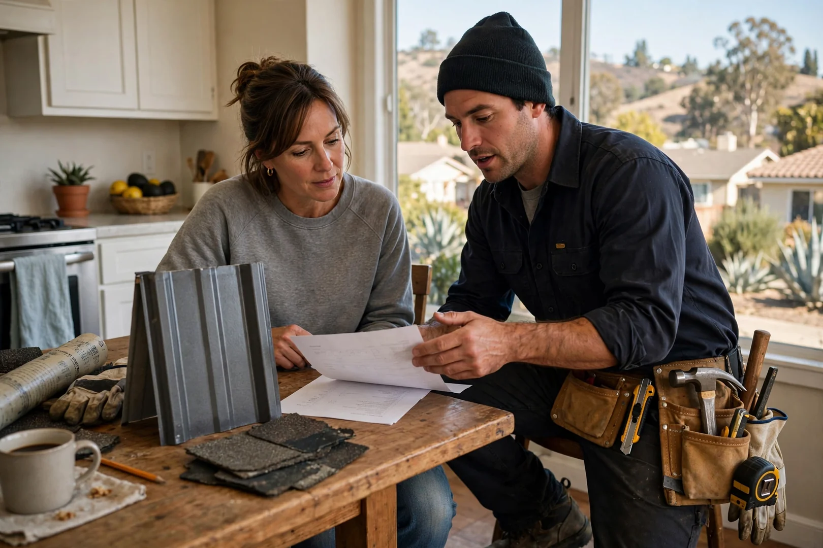 Homeowner reviewing an itemized written metal roofing estimate at a kitchen table