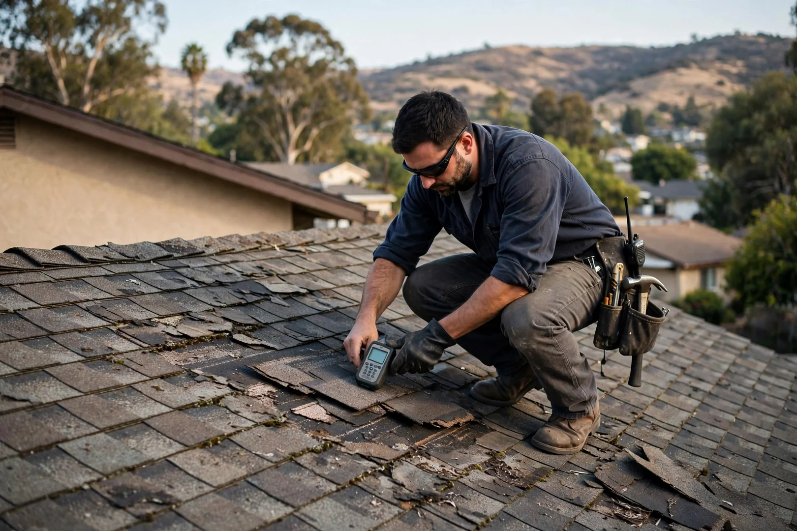 Roofer measuring shingle condition during a residential roof inspection in Walnut