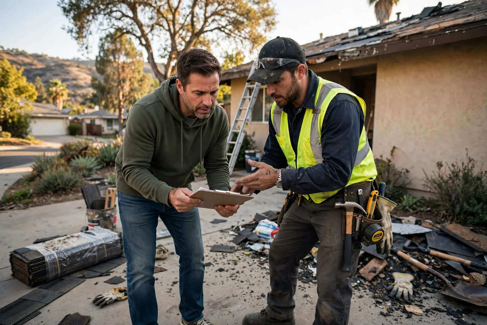Homeowner reviewing a written roof inspection estimate with a roofing technician outdoors