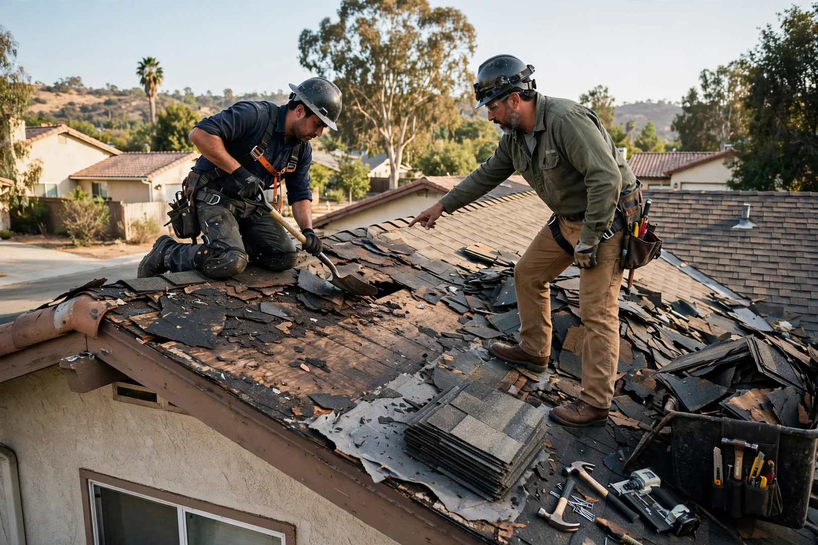 Roofer checking flashing and shingles during a residential roof inspection in Walnut