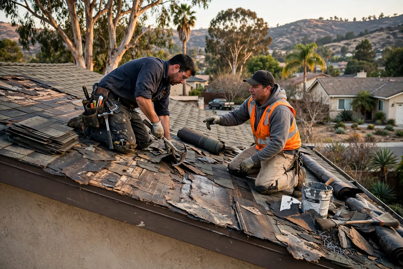 Roofing technician documenting flashing and underlayment findings on a Walnut rooftop
