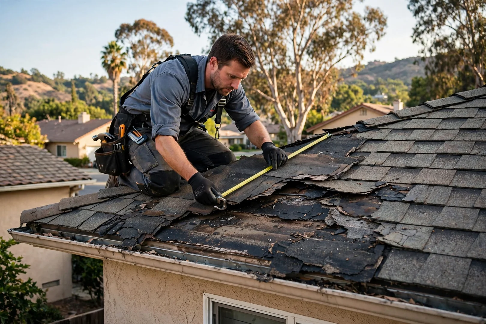 Roofer measuring damaged shingle section while preparing a repair estimate for a Walnut home