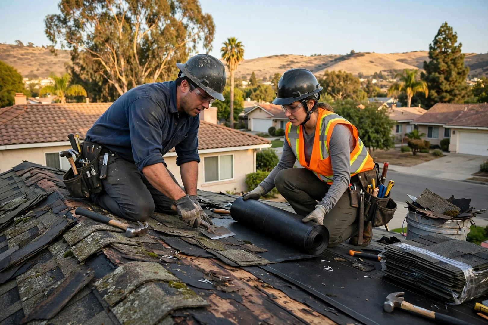 Roofer sealing flashing during a shingle roof repair on a Walnut home
