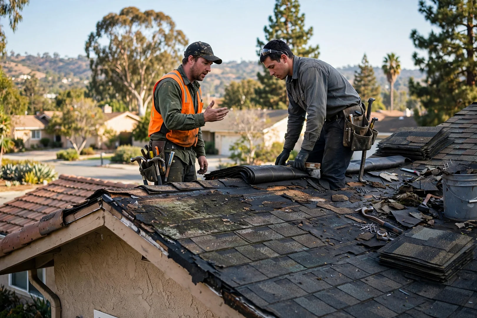 Roofer resealing flashing and replacing cracked tiles on a Walnut home roof