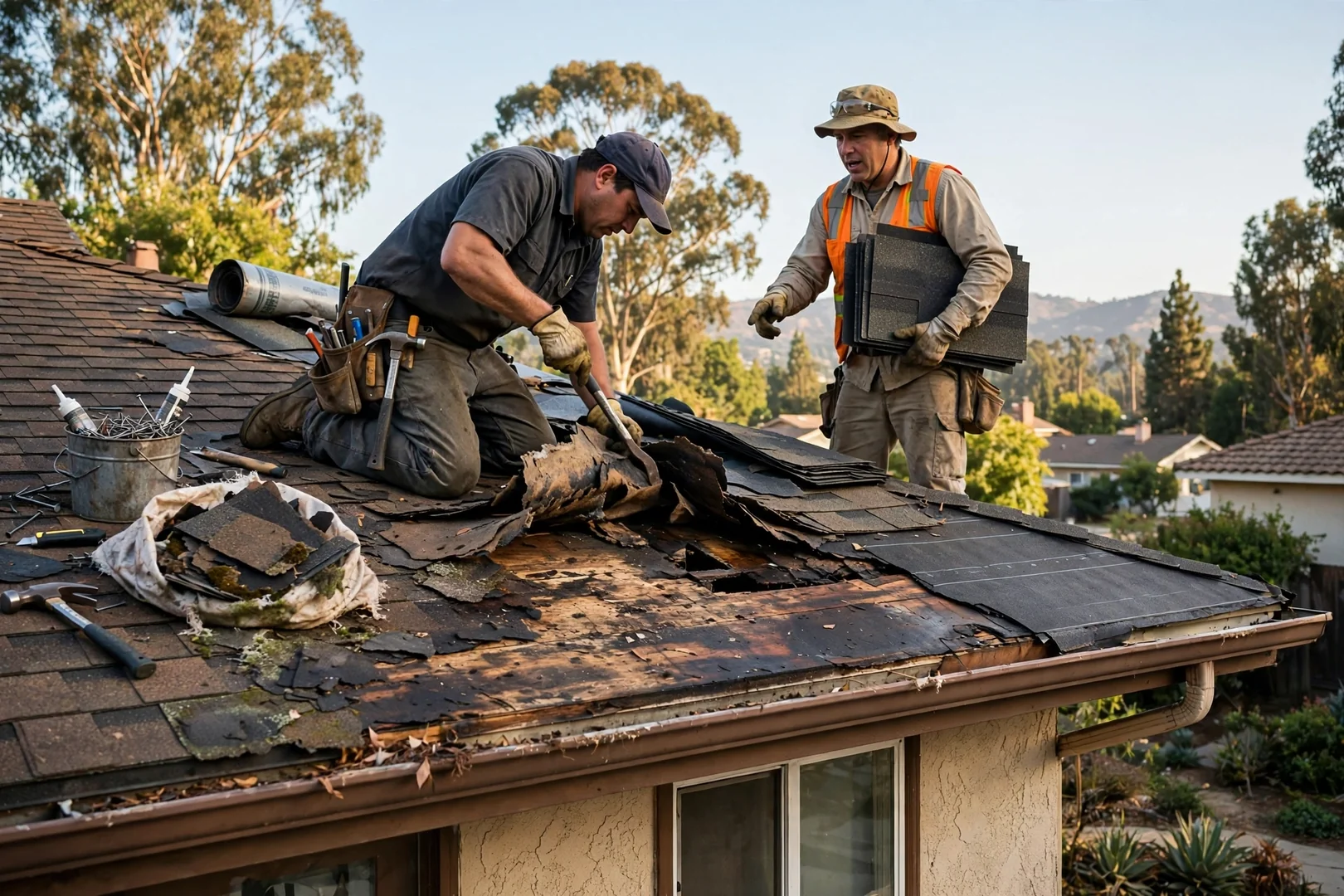 Roofing technician replacing flashing and underlayment during a roof repair on a Walnut home