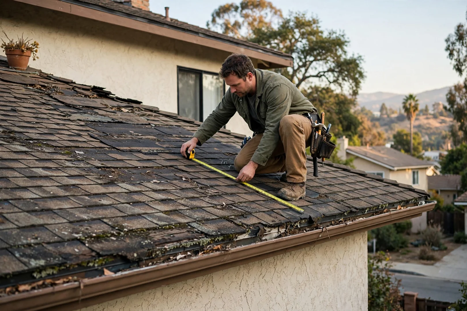 Roofer measuring a Walnut home roof surface to prepare a replacement estimate