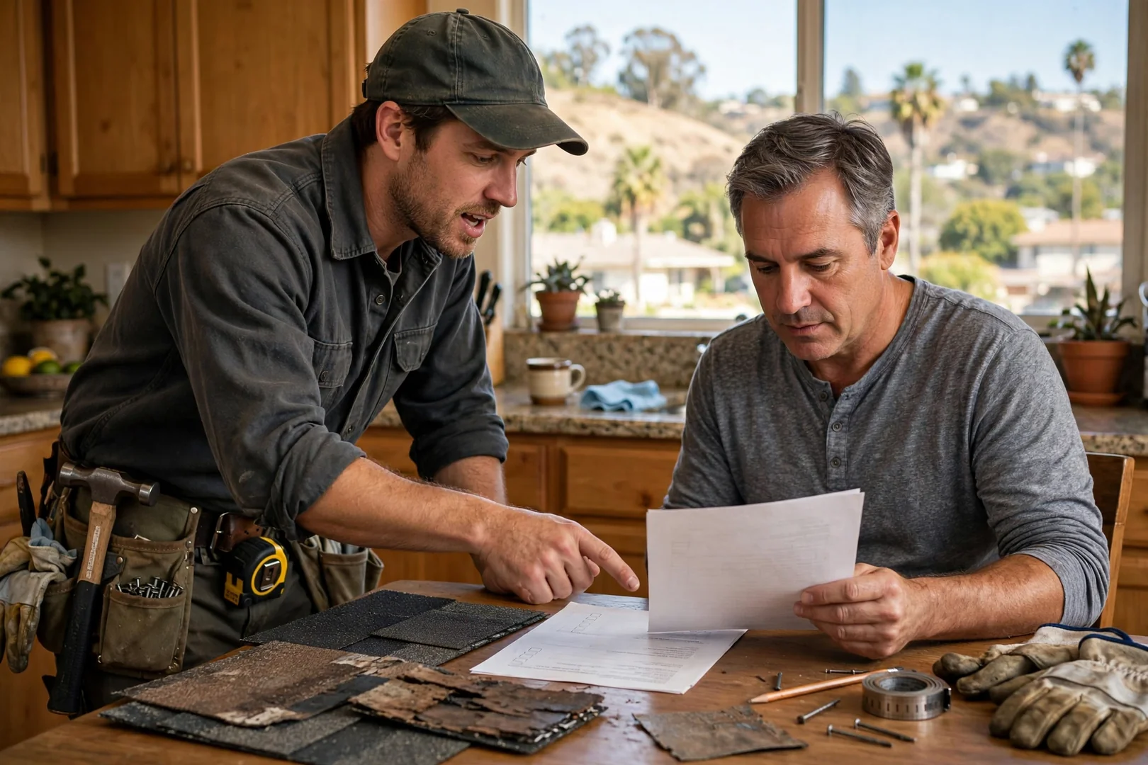 Homeowner reviewing an itemized written roof replacement estimate at a kitchen table
