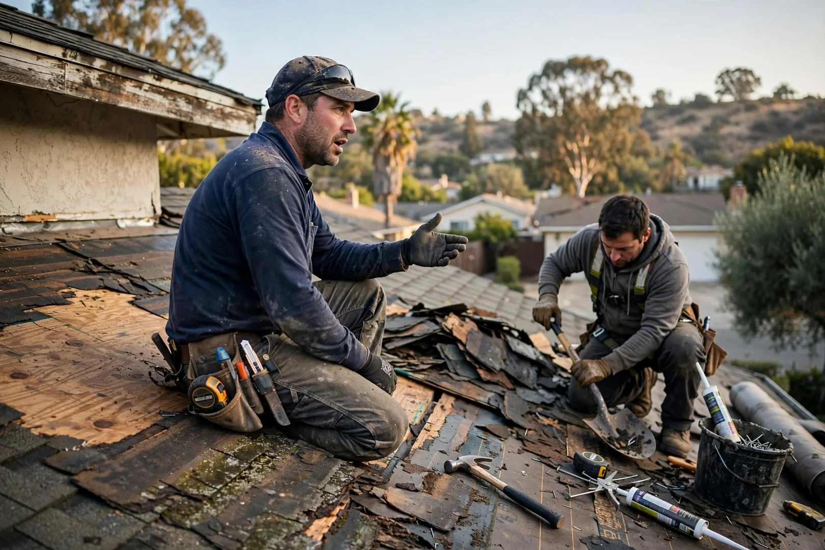 Roofing crew installing new shingles on a Walnut home during a full roof replacement