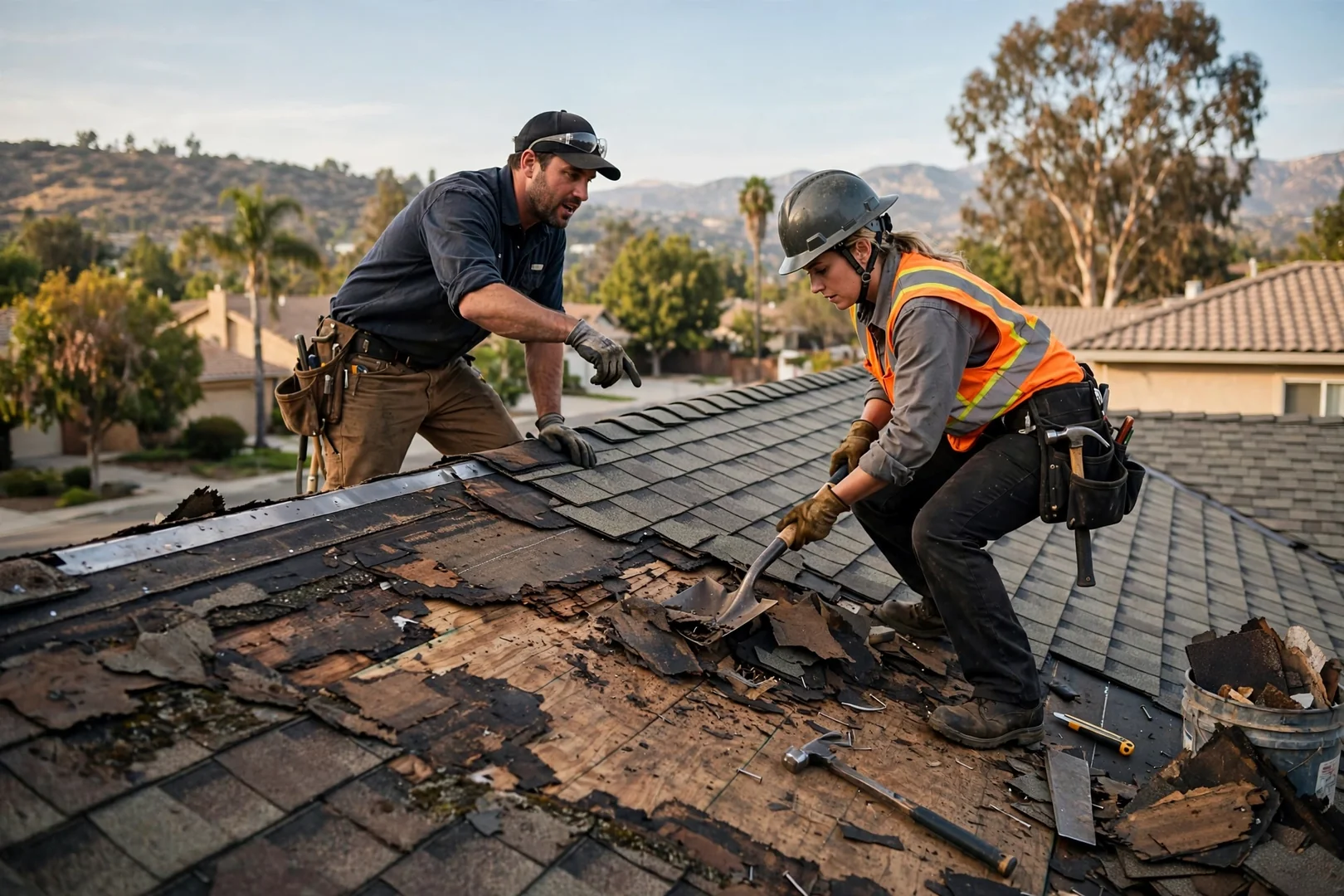 Roofing crew installing new underlayment during a roof replacement on a Walnut home