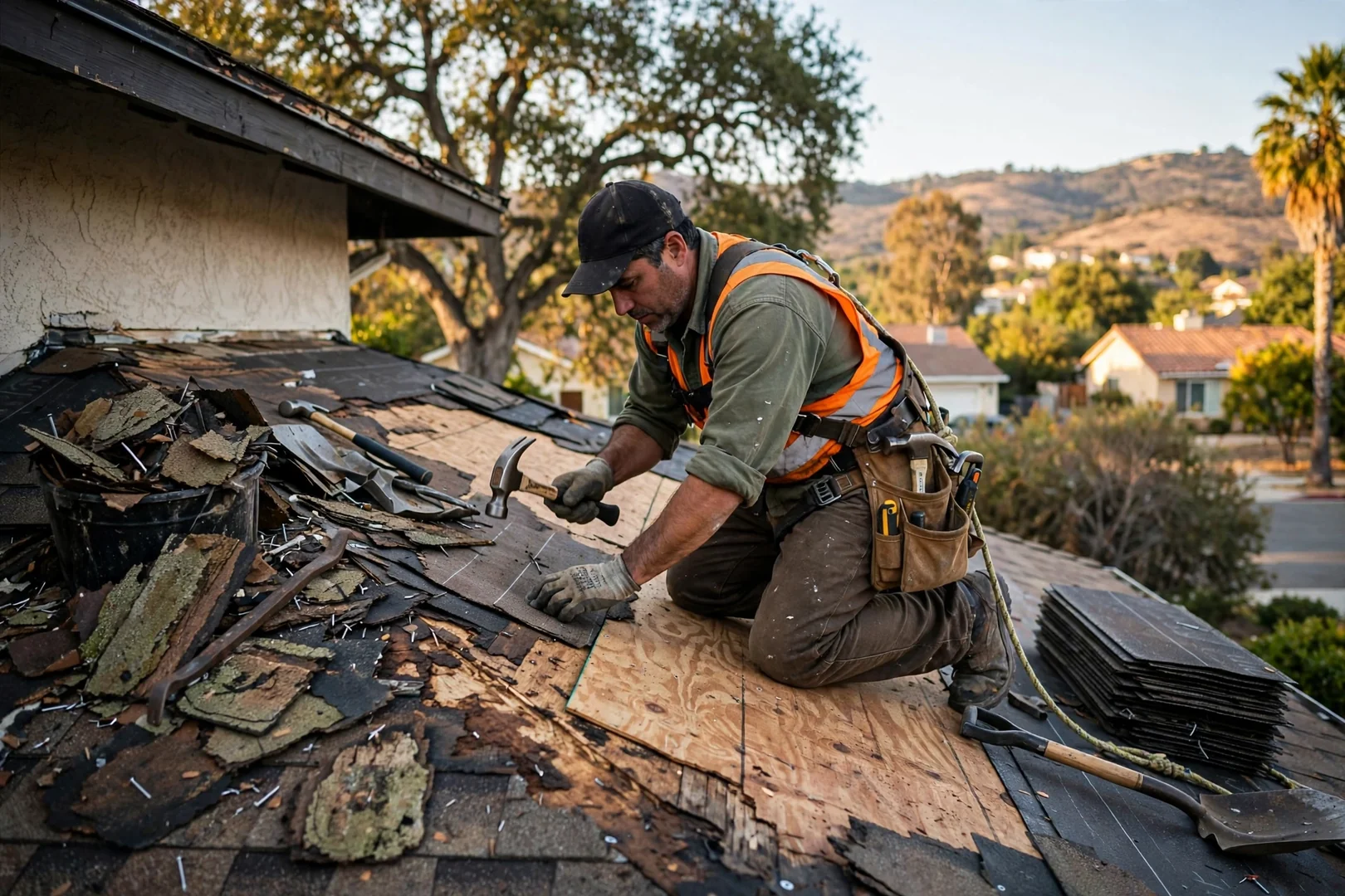 Roofing crew installing new underlayment and shingles during a full roof replacement in Walnut
