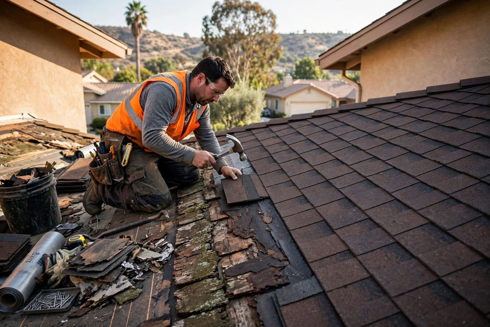 Technician measuring gutter run along the fascia of a Walnut family home
