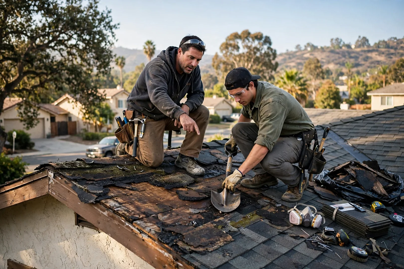 Roofing crew inspecting shingles on a Walnut home during scheduled visit