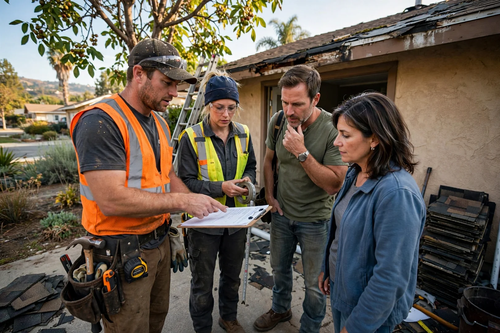 Roofing crew reviewing written estimate with homeowner beside a Walnut property