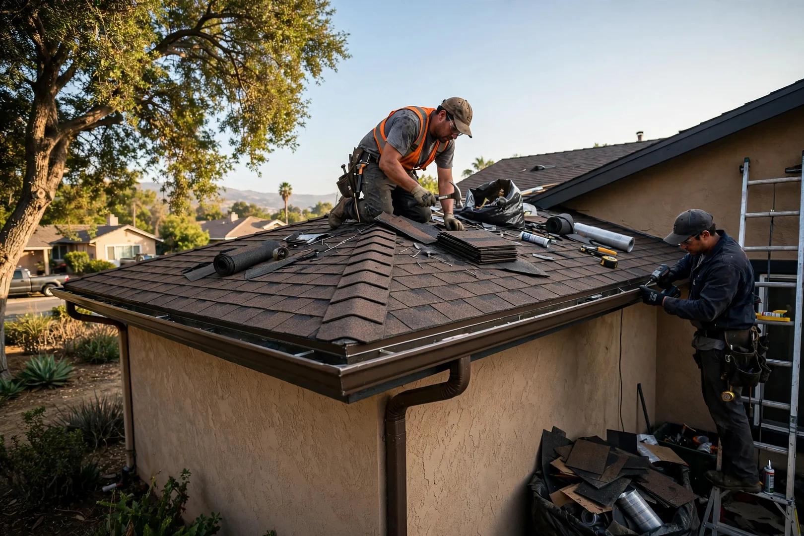 Restored shingle roof and new gutter line on a Walnut neighborhood home
