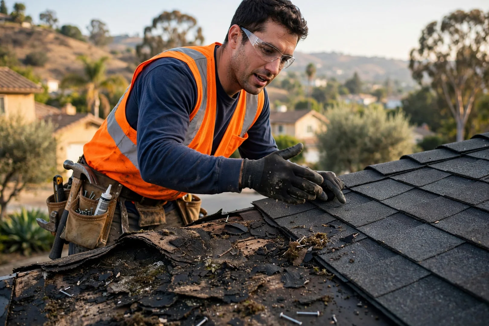 Roofer resealing flashing around a chimney during a residential roof restoration
