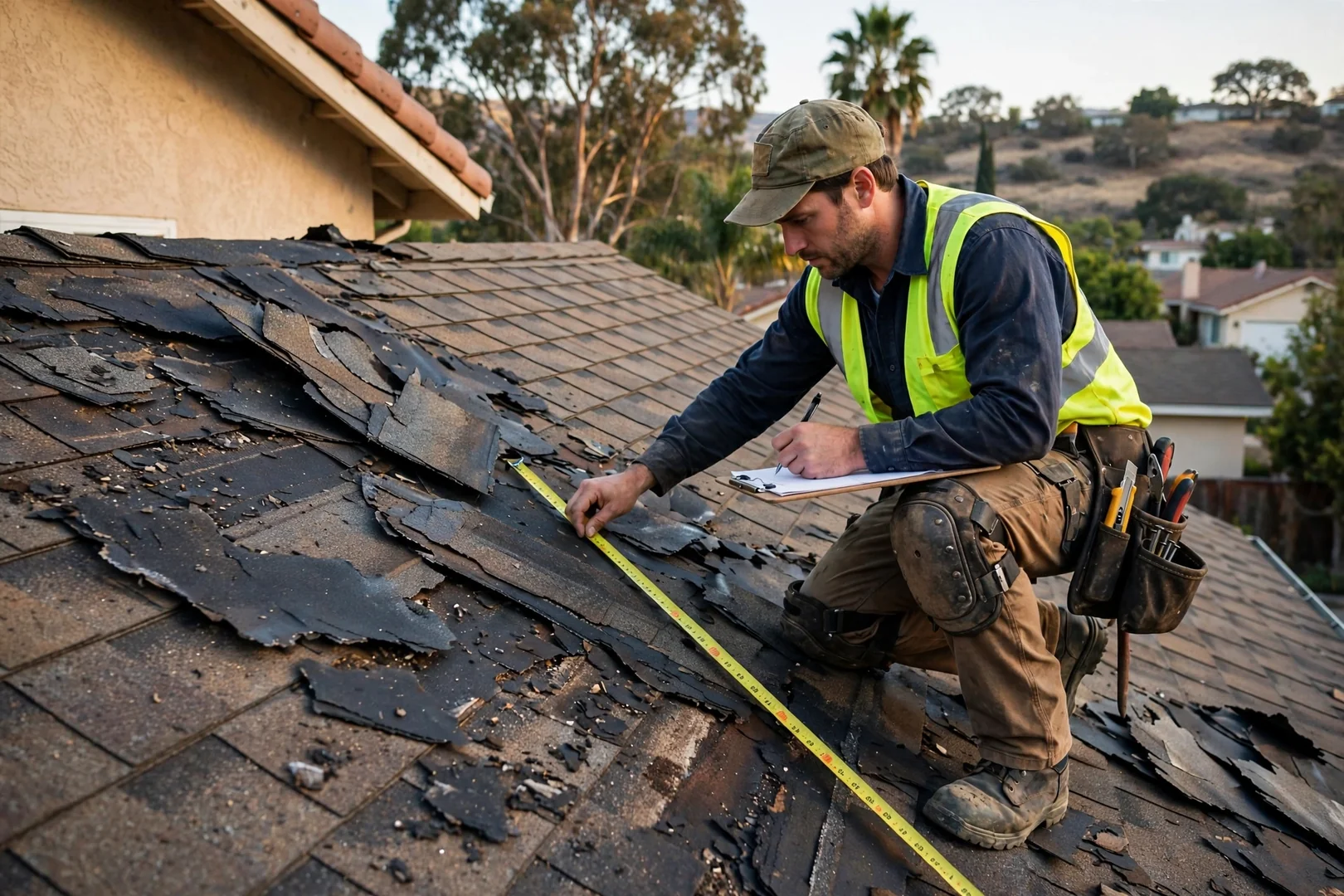 Roofer measuring wind damaged shingle slope while preparing a written repair estimate