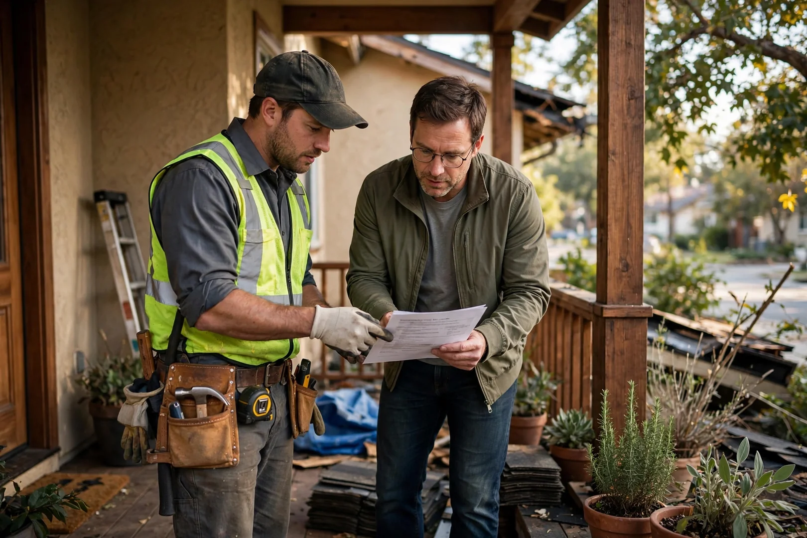 Homeowner reviewing itemized storm damage roof repair estimate on a Walnut front porch
