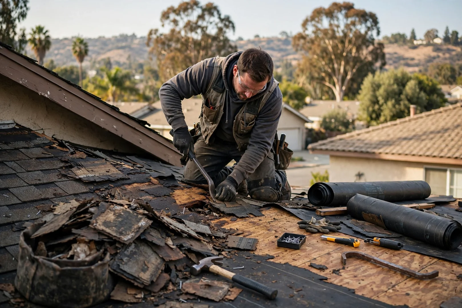 Roofer securing storm-damaged shingles on a Walnut home after heavy wind and rain