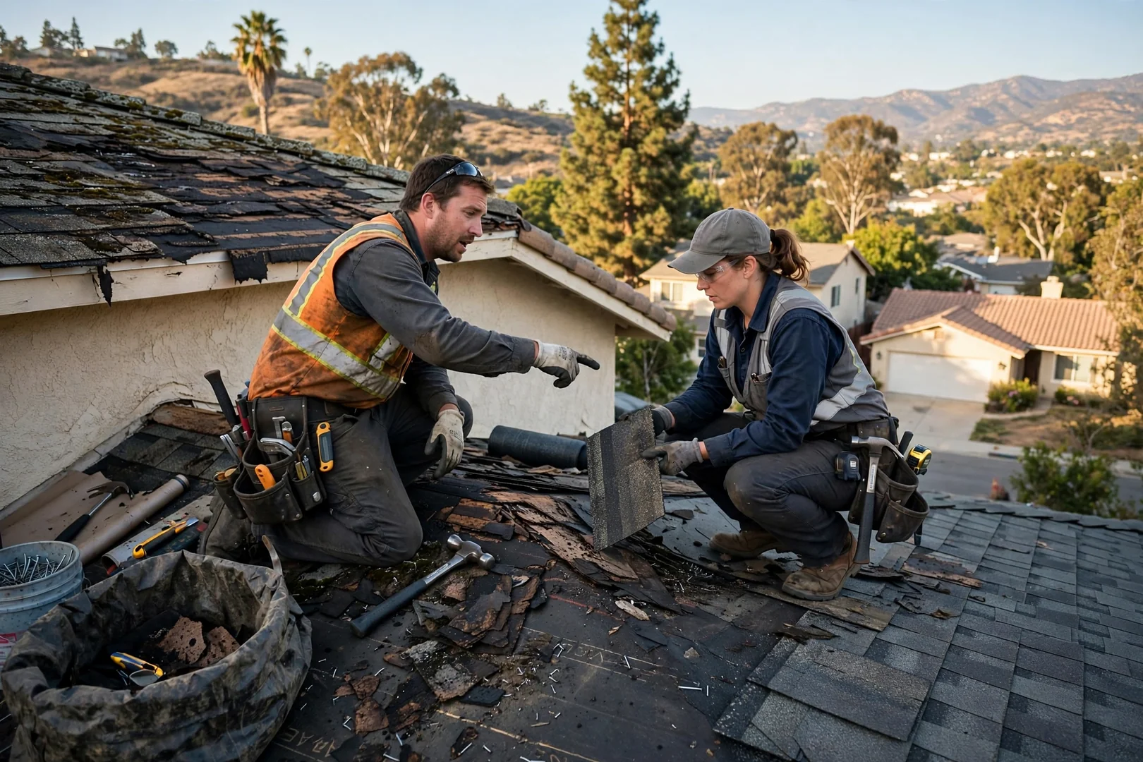 Roofer replacing wind-damaged shingles and flashing on a Walnut neighborhood home