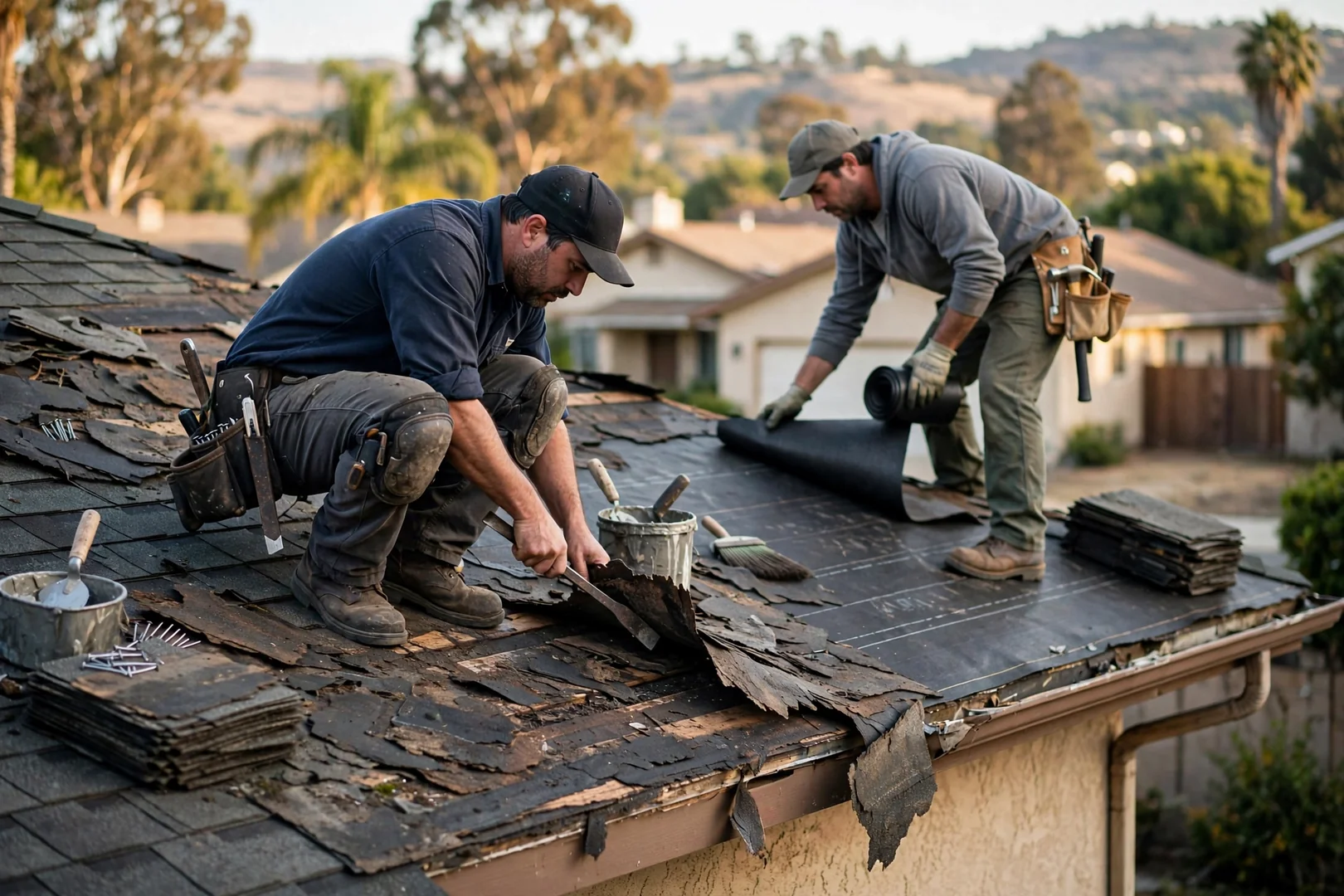 Roofing crew installing new underlayment and flashing during storm damage restoration work